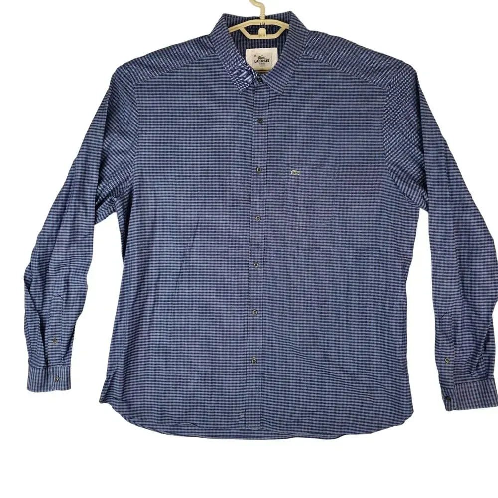 Lacoste Shirt Mens 45 Plaid Blue Slim Fit 100% Cotton‎ Long Sleeve